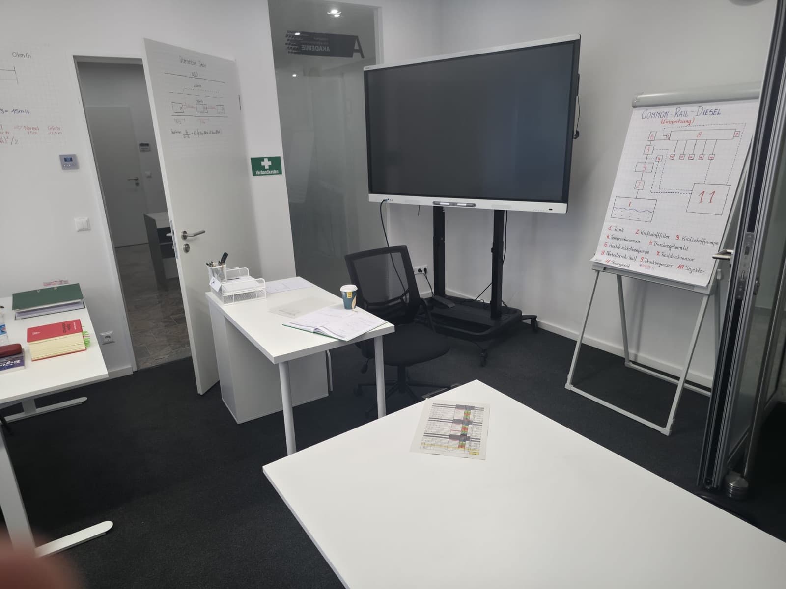 Schulungsraum der AWA Akademie mit Smartboard und Technik-Schaubild auf dem Flipchart
